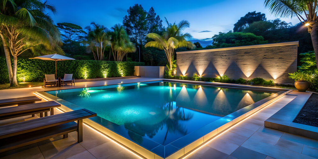 Outdoor luxury pool with sun loungers and tropical garden