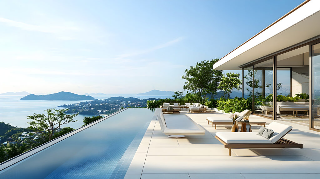 Infinity pool overlooking Phuket ocean with sunset view