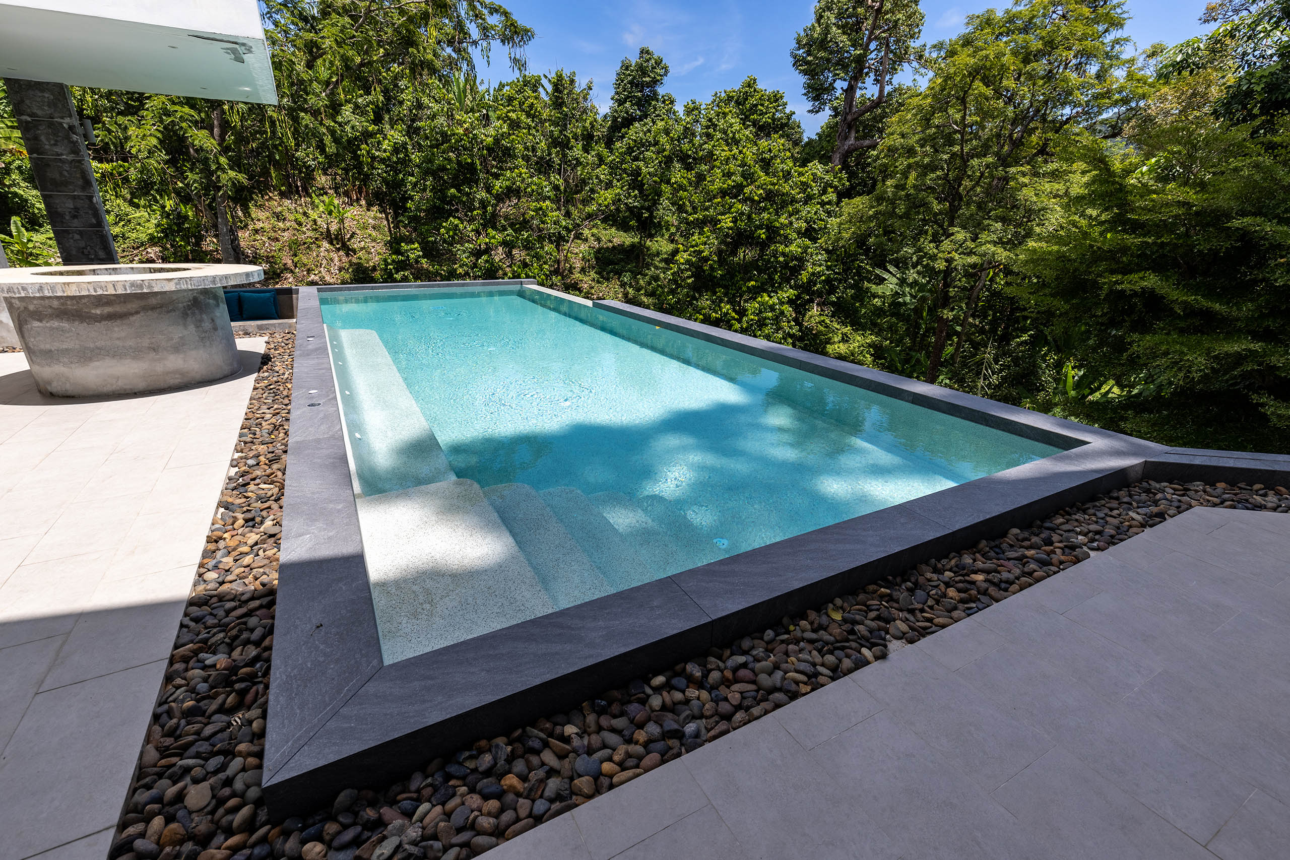 Outdoor luxury pool with sun loungers and tropical garden