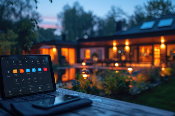 Tablet controlling smart home lights and automation, outdoor evening view of cozy, modern house with illuminated windows by pool.